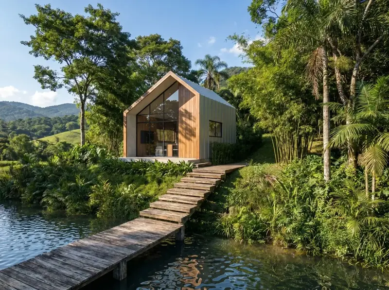 Render da casa EASY 30 em meio à mata, com fachada de madeira e passarela até a entrada