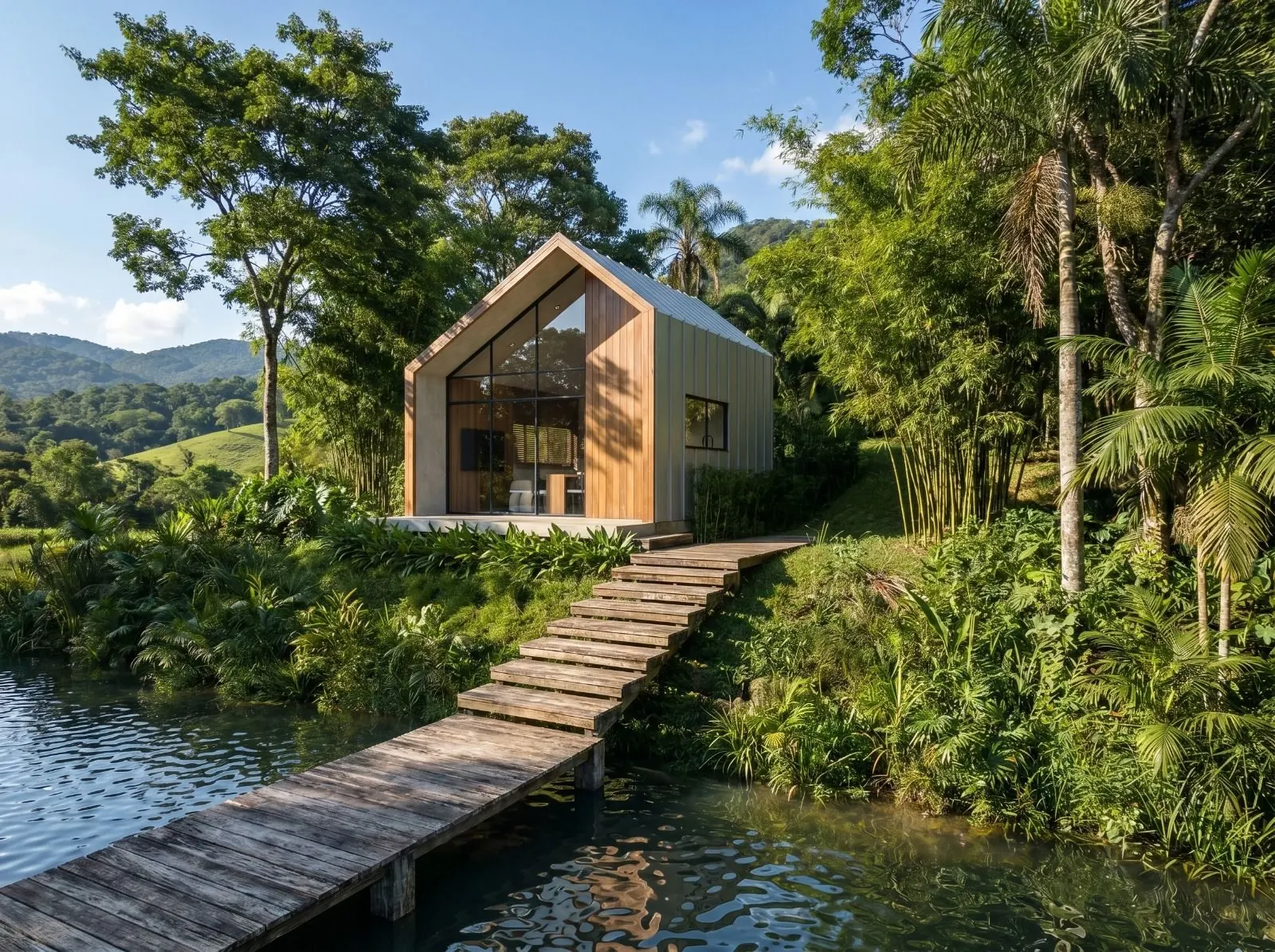 Render da casa EASY 30 em meio à mata, com fachada de madeira e caminho de pedras até a entrada