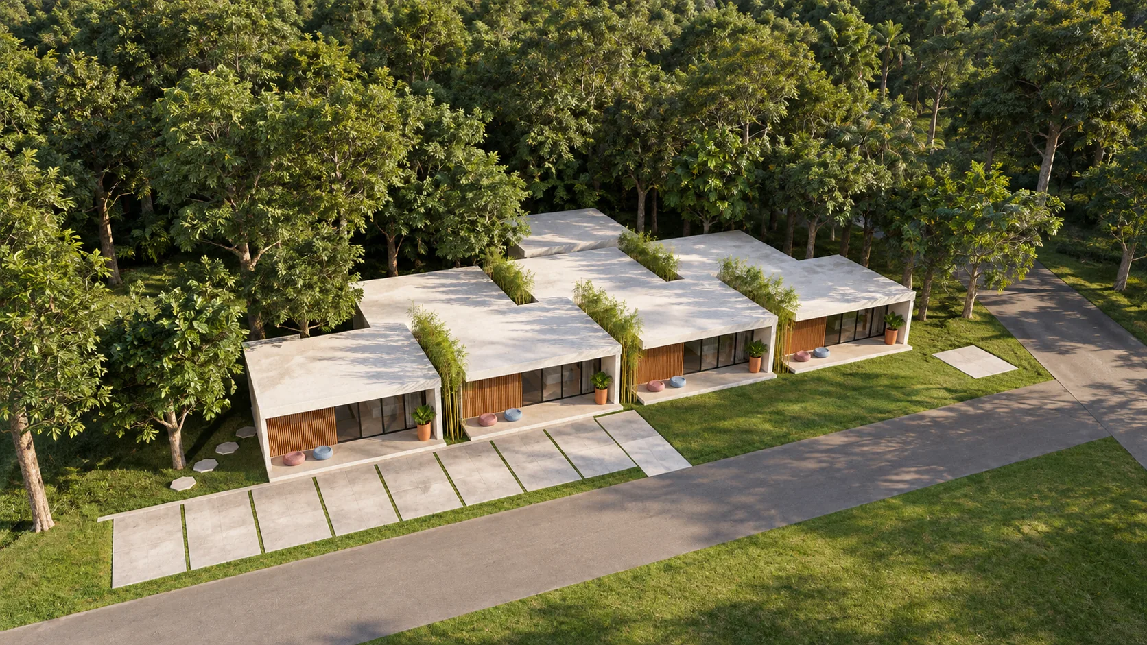 Vista aérea do conjunto de casas EASY ASPEN entre as árvores