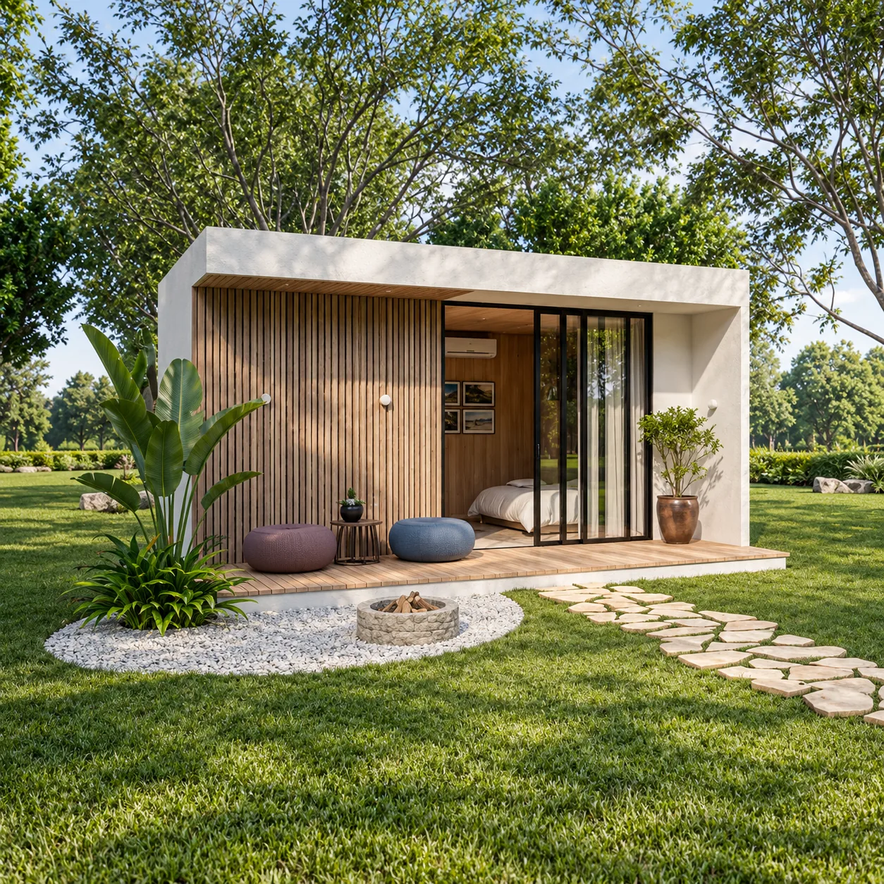 EASY ASPEN em perspectiva, com terraço e fogueira no jardim
