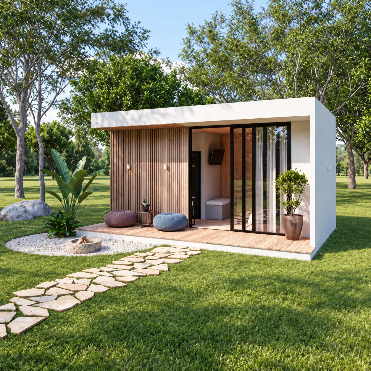 EASY ASPEN, fachada com ripado de madeira e porta de vidro de correr