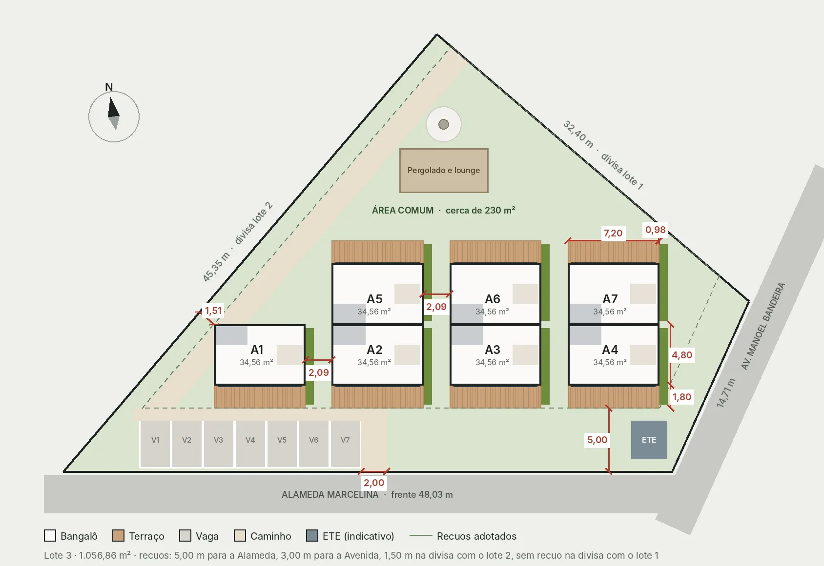 Implantação cotada de 7 casas no lote, com corredores de 2,09 m e área comum