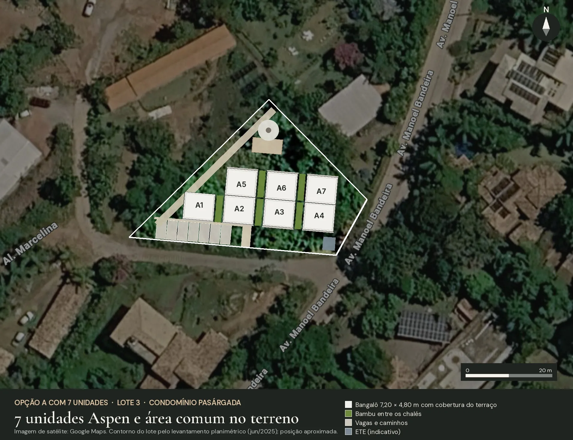 Implantação das 7 casas desenhada sobre a imagem de satélite do lote