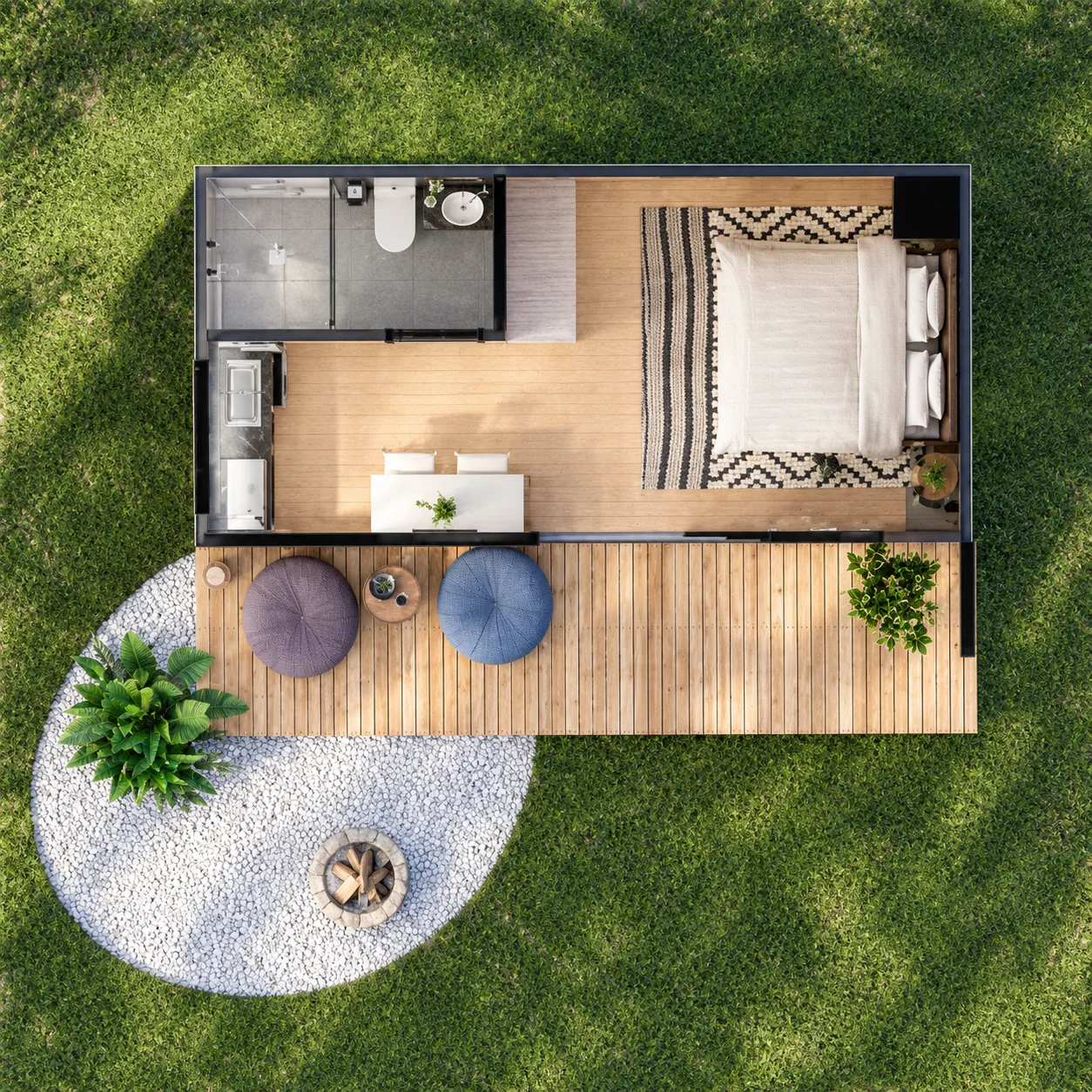 Planta humanizada vista de cima: banheiro, copa, mesa, cama de casal e terraço