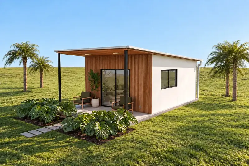 Casa EASY SMART Monta Fácil vista de frente em 3/4, com painel ripado amadeirado e varanda integrada