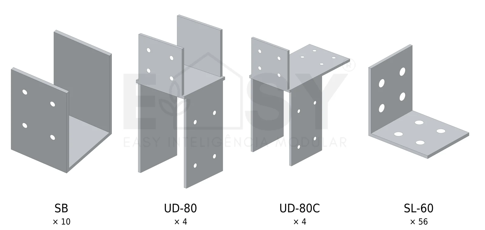 Peças de ligação EASY galvanizadas: sapata SB, UD-80, UD-80C e cantoneira SL-60